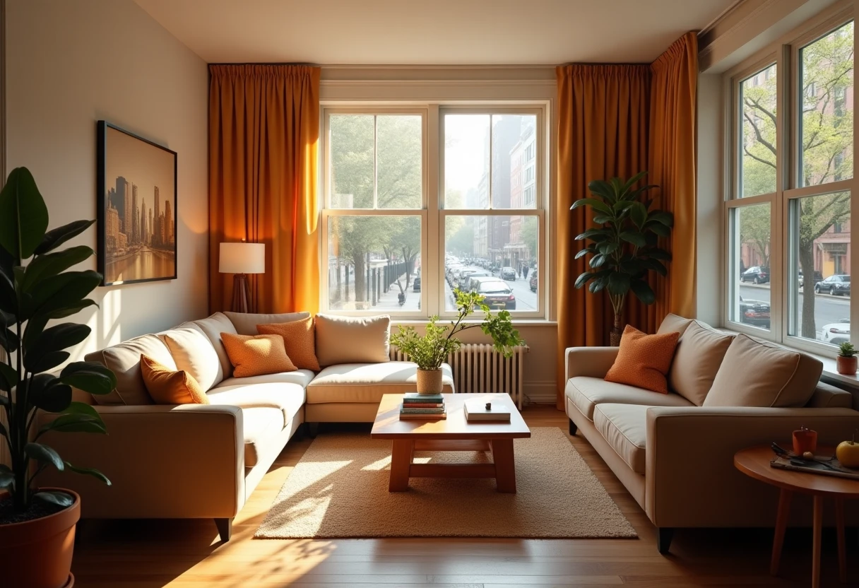 Cozy living room with a city view